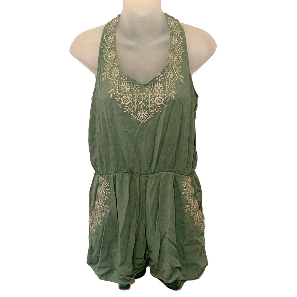 Alya Jumpsuit Romper Francesca’s Green cottagecore Boho Bohemian Shorts Large L